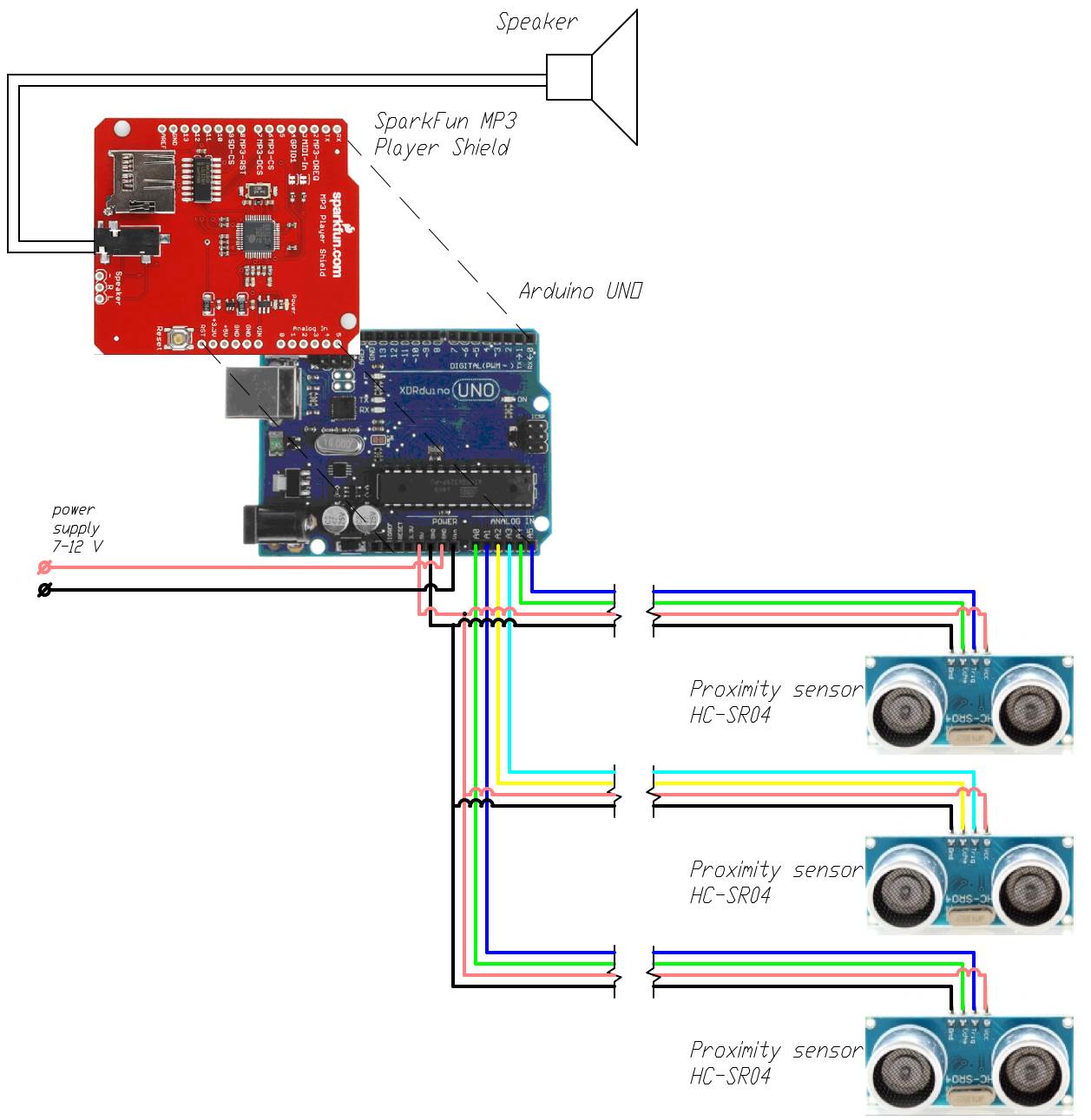 Схема подключения системы сигнализации с 3 ультразвуковыми датчиками