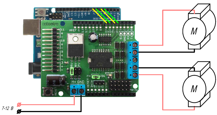 Connecting two DC motors to Arduino via L298P driver to control custom library