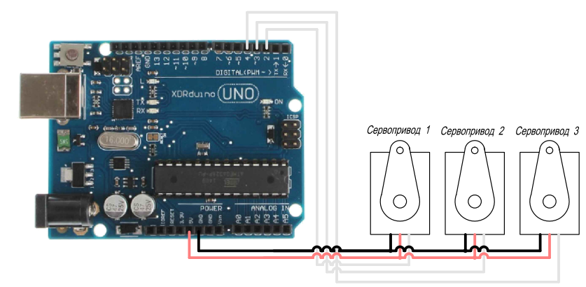 Scheme for connecting three servos to Arduino for control using a custom class