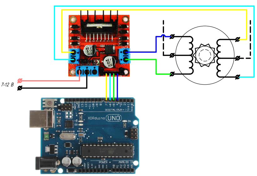 Scheme for connecting a unipolar stepper motor to a controller based on L298 with two pins for controlling one winding